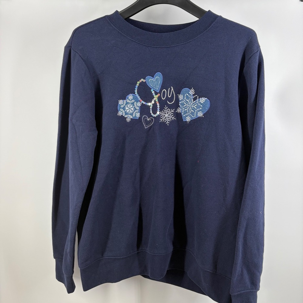 Vintage Grandmacore Navy Blue Joy‎ Sequin Snowflake Fleece Sweatshirt M NWT